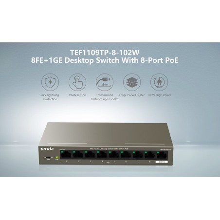 TENDA Switch 8FE+1GE Desktop Switch With 8-Port PoE  TEF1109TP102W