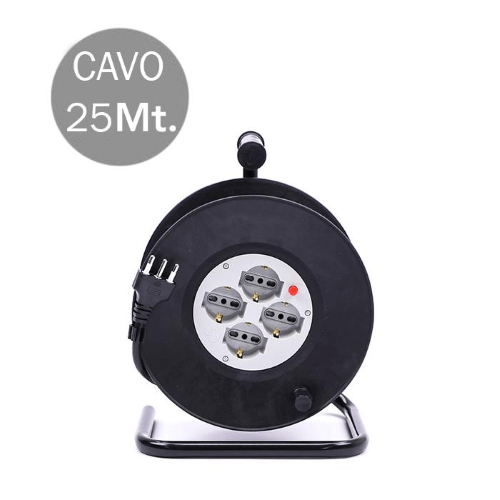 V-TAC PROLUNGA AVVOLGICAVO SPINA 16A E 4 PRESE 10/16A BIPASSO/SCHUKO 25 METRI COLORE NERO - SKU 8703