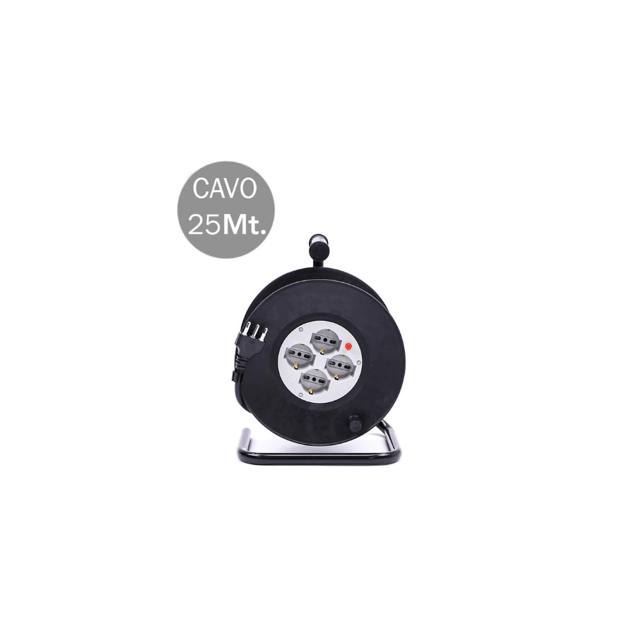 V-TAC PROLUNGA AVVOLGICAVO SPINA 16A E 4 PRESE 10/16A BIPASSO/SCHUKO 25 METRI COLORE NERO - SKU 8703