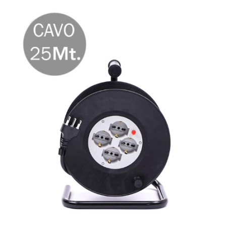 V-TAC PROLUNGA AVVOLGICAVO SPINA 16A E 4 PRESE 10/16A BIPASSO/SCHUKO 25 METRI COLORE NERO - SKU 8703