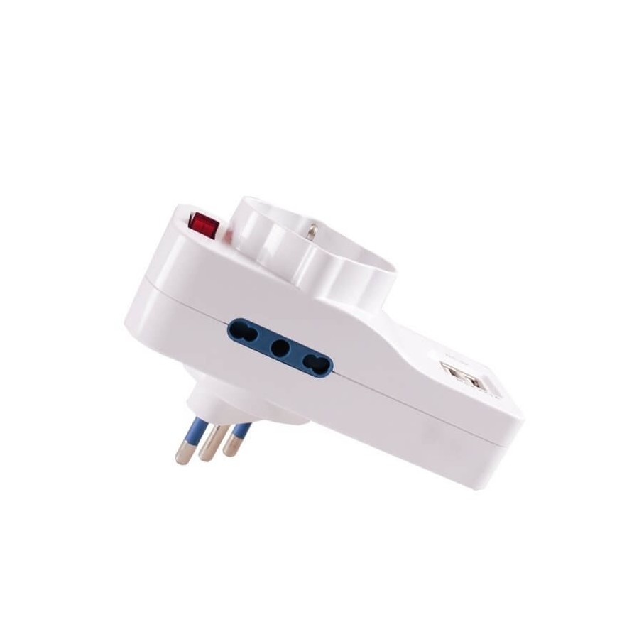 VULTECH ADATTATORE TRIPOLARE 2 PRESE 10/16A BIPASSO, 1 PRESA SCHUKO E 2 PORTE USB (MAX 2.1A) AT-04