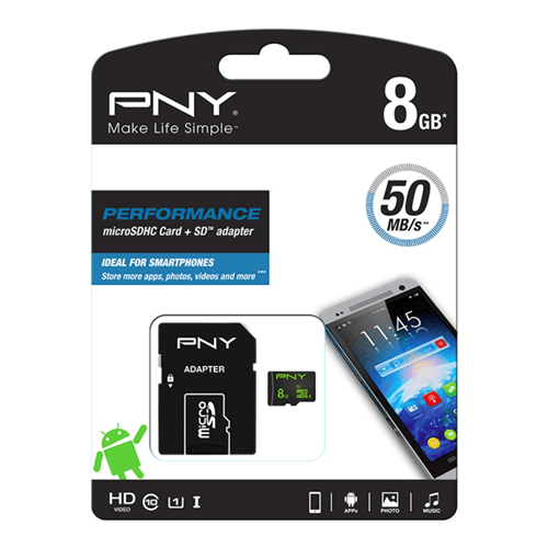 MEMORY CARD MICROSD 8GB C10 PNY SDU8GBPER50-EF CON ADATTATORE SD