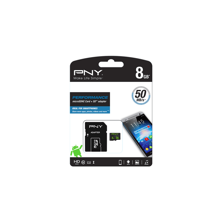 MEMORY CARD MICROSD 8GB C10 PNY SDU8GBPER50-EF CON ADATTATORE SD