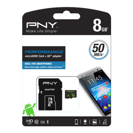 MEMORY CARD MICROSD 8GB C10 PNY SDU8GBPER50-EF CON ADATTATORE SD