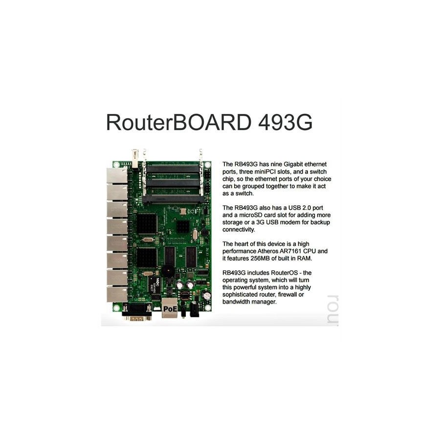 RouterBOARD 493G, 9x LAN, 3x MiniPCI, 1x USB, 256MB DDR SD-RAM i 64MB FLASH