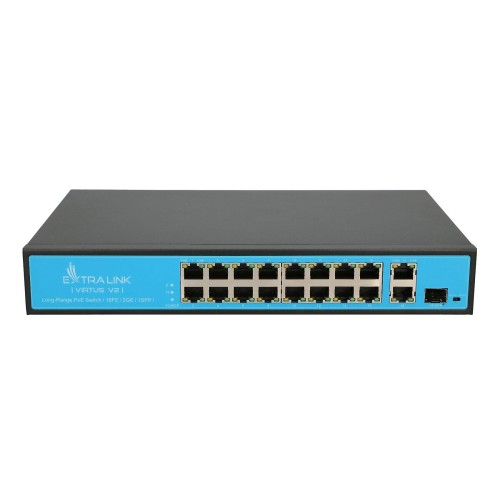 EXTRALINK VIRTUS VER.2 16XFE, 2XGE, 1XSFP, 16XPOE, 250M POE, FAST ETHERNET UNMANAGED 802.3AF/AT POE SWITCH, POWER SUPPLY 150W E