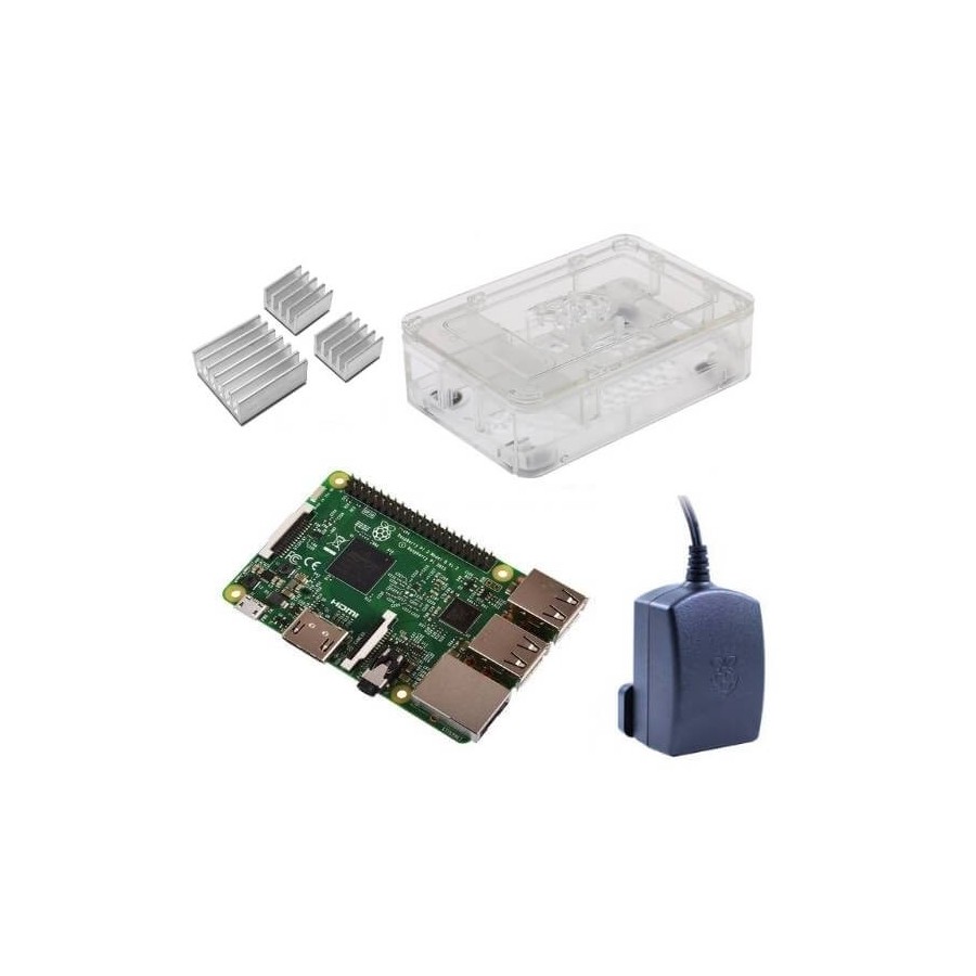 Raspberry Pi 3 Kit con Alimentatore Ufficiale, Case TRASPARENTE  e Dissipatori (E14)