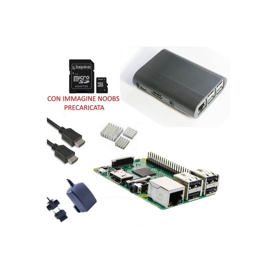 Raspberry Pi 3 Kit con con Alimentatore, Case, SD, HDMI e Dissipatori (E19)